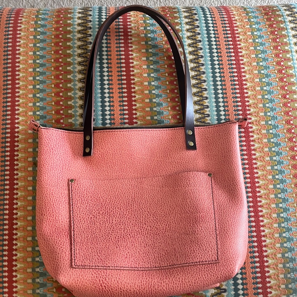 Portland Leather Medium Zippered Tote in Flamingo 🦩 With Grizzly Handles